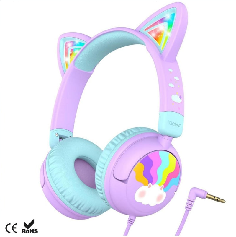 Headphones Cat Ear, LED Light Up, Safe Volume, Stereo Sound, Foldable 3.5mm Wire Connection, Suitable For IPad Tablets