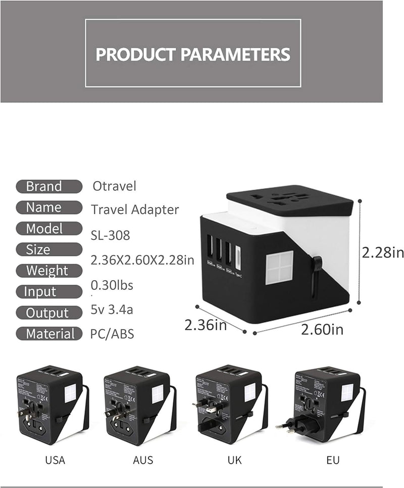 3 USB  1 Typc C International Power Adapter For Europe, UK, China, Australia, Japan And More 200 Countries