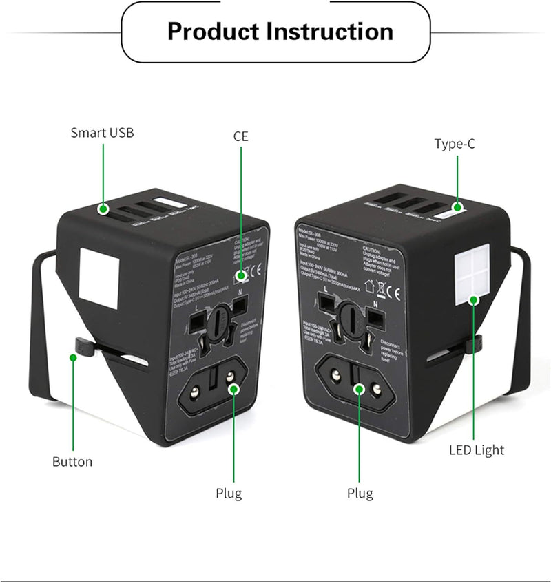 3 USB  1 Typc C International Power Adapter For Europe, UK, China, Australia, Japan And More 200 Countries